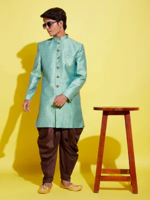 Jashvi Boys Green Indo Western Jacquard Sherwani and Dhoti Pant Set