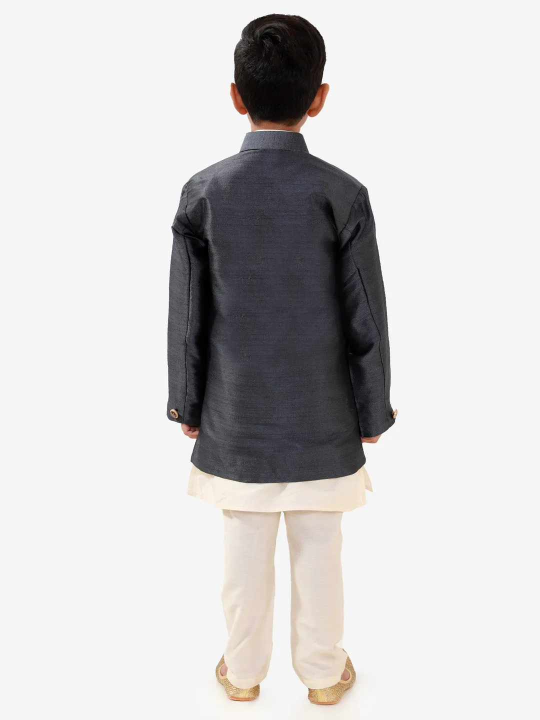 Jashvi Boys' Grey Silk Blend Jacket, Kurta and Pyjama Set