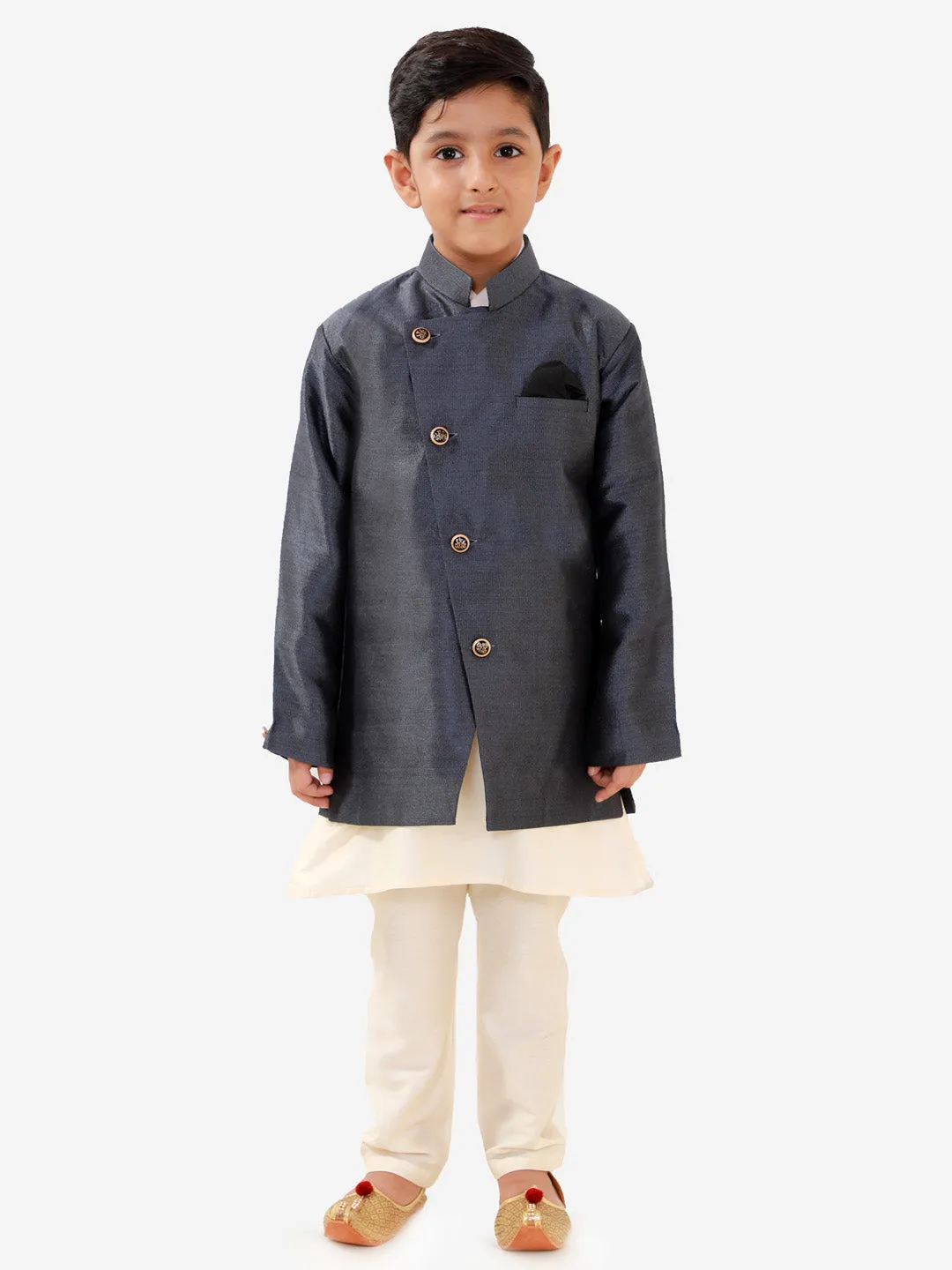 Jashvi Boys' Grey Silk Blend Jacket, Kurta and Pyjama Set