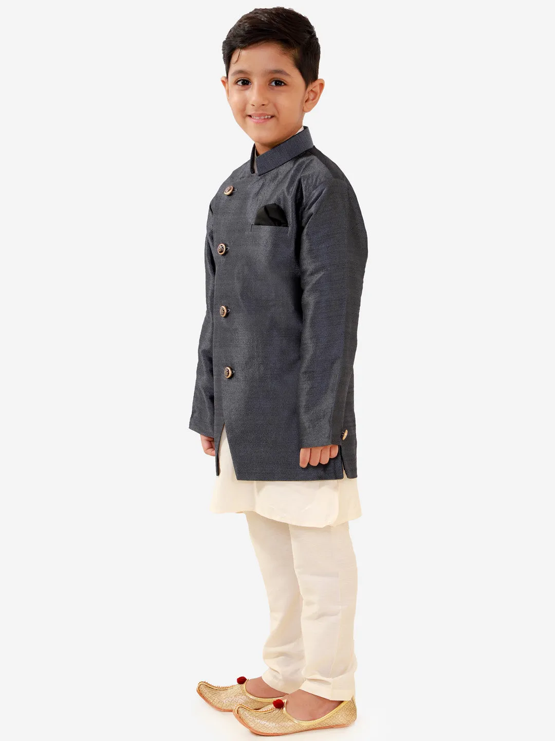 Jashvi Boys' Grey Silk Blend Jacket, Kurta and Pyjama Set