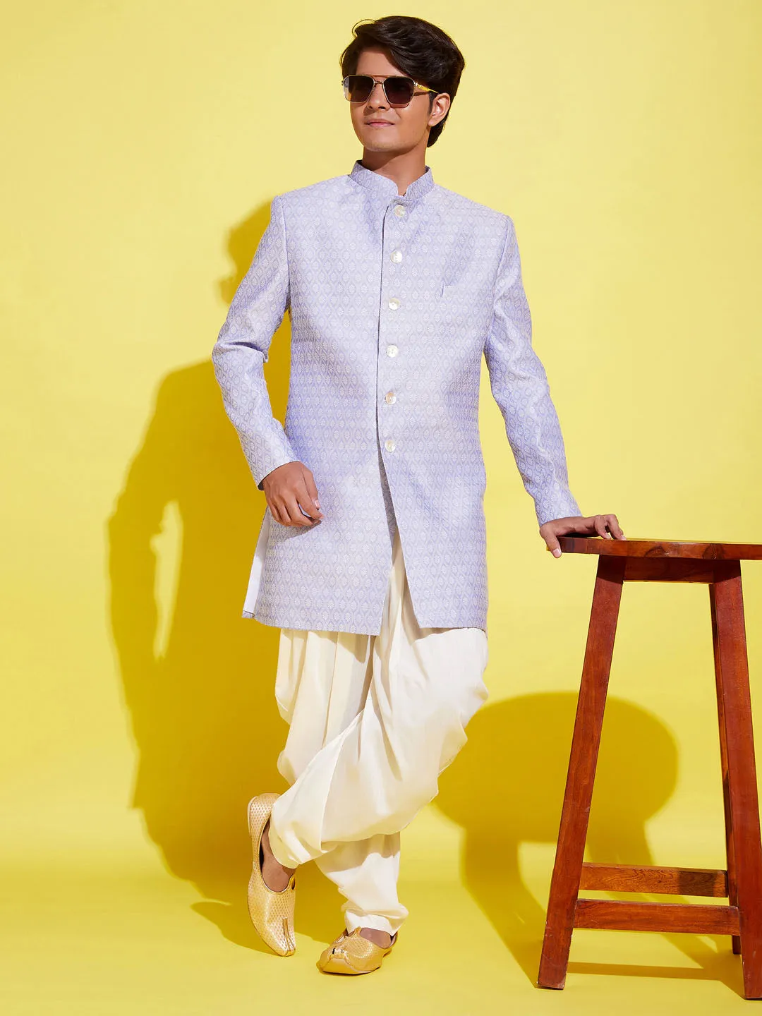 Jashvi Boys Lavender Indo Western Jacquard Sherwani and Dhoti Pant Set