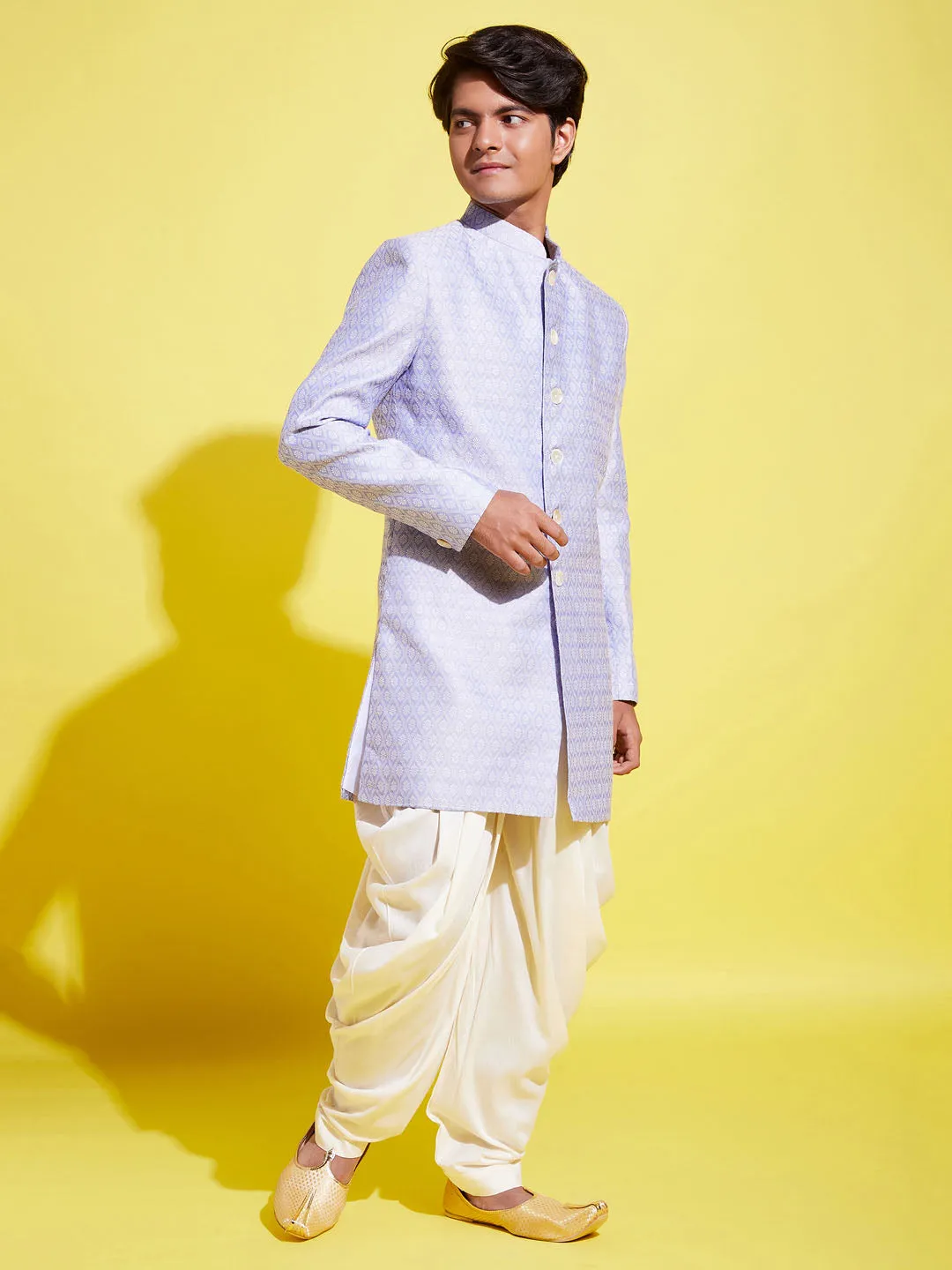 Jashvi Boys Lavender Indo Western Jacquard Sherwani and Dhoti Pant Set