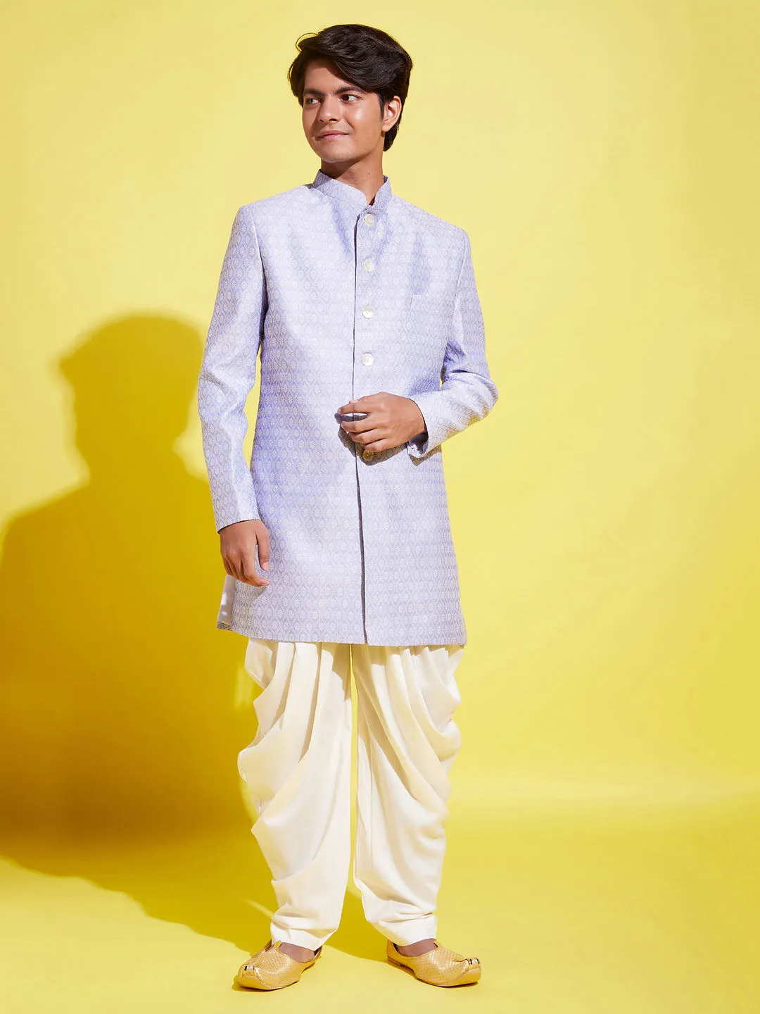 Jashvi Boys Lavender Indo Western Jacquard Sherwani and Dhoti Pant Set