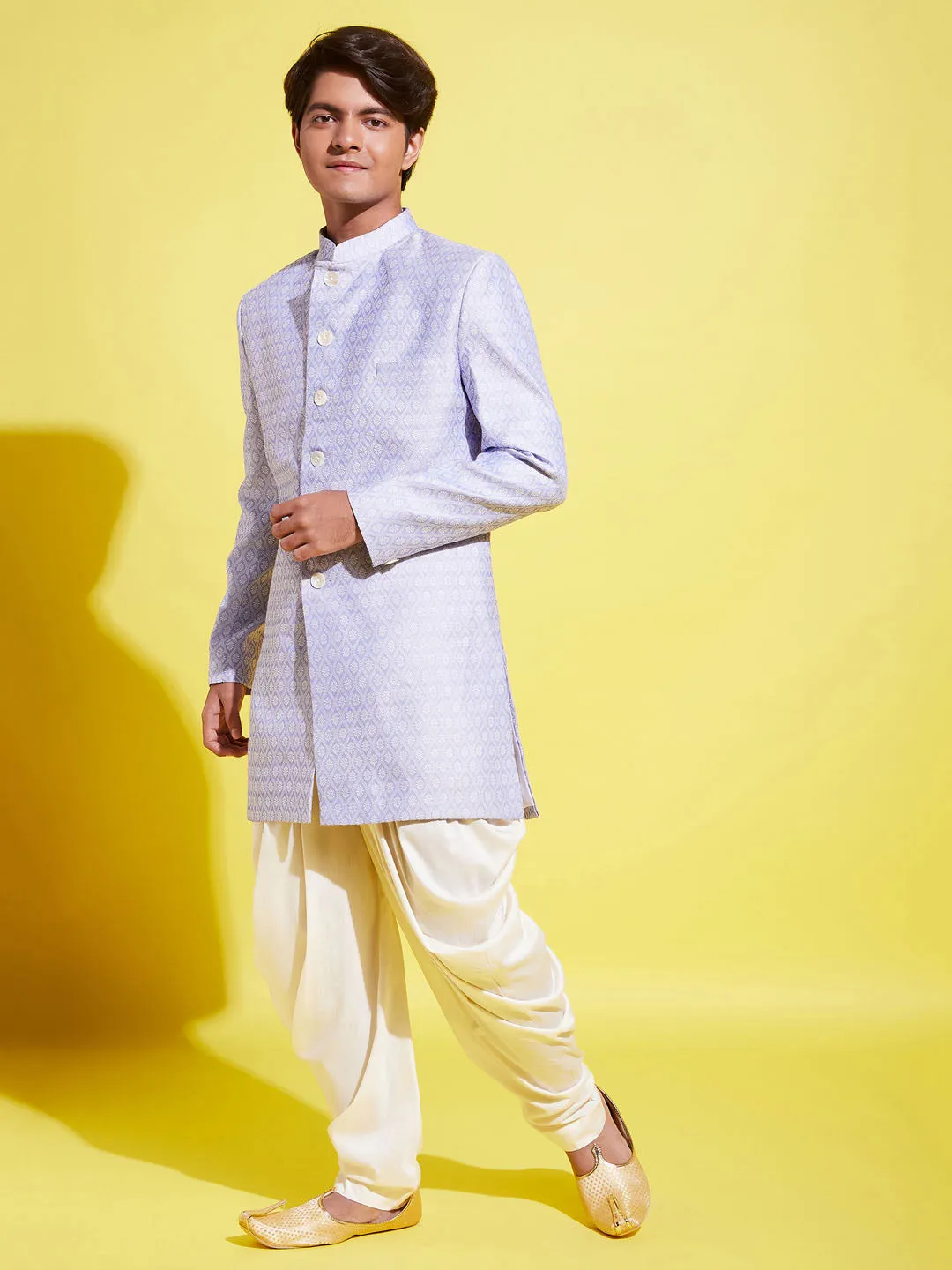 Jashvi Boys Lavender Indo Western Jacquard Sherwani and Dhoti Pant Set