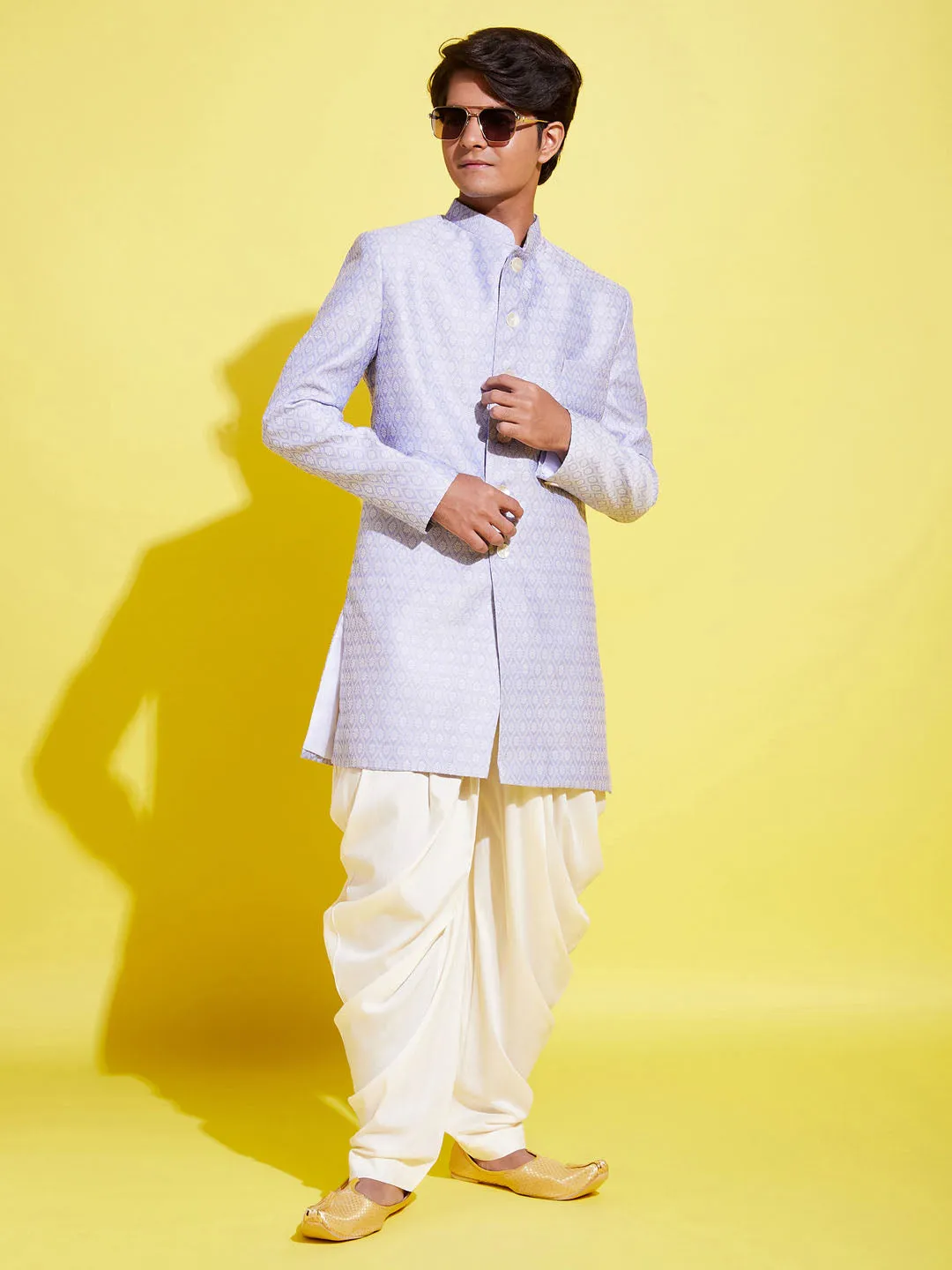 Jashvi Boys Lavender Indo Western Jacquard Sherwani and Dhoti Pant Set