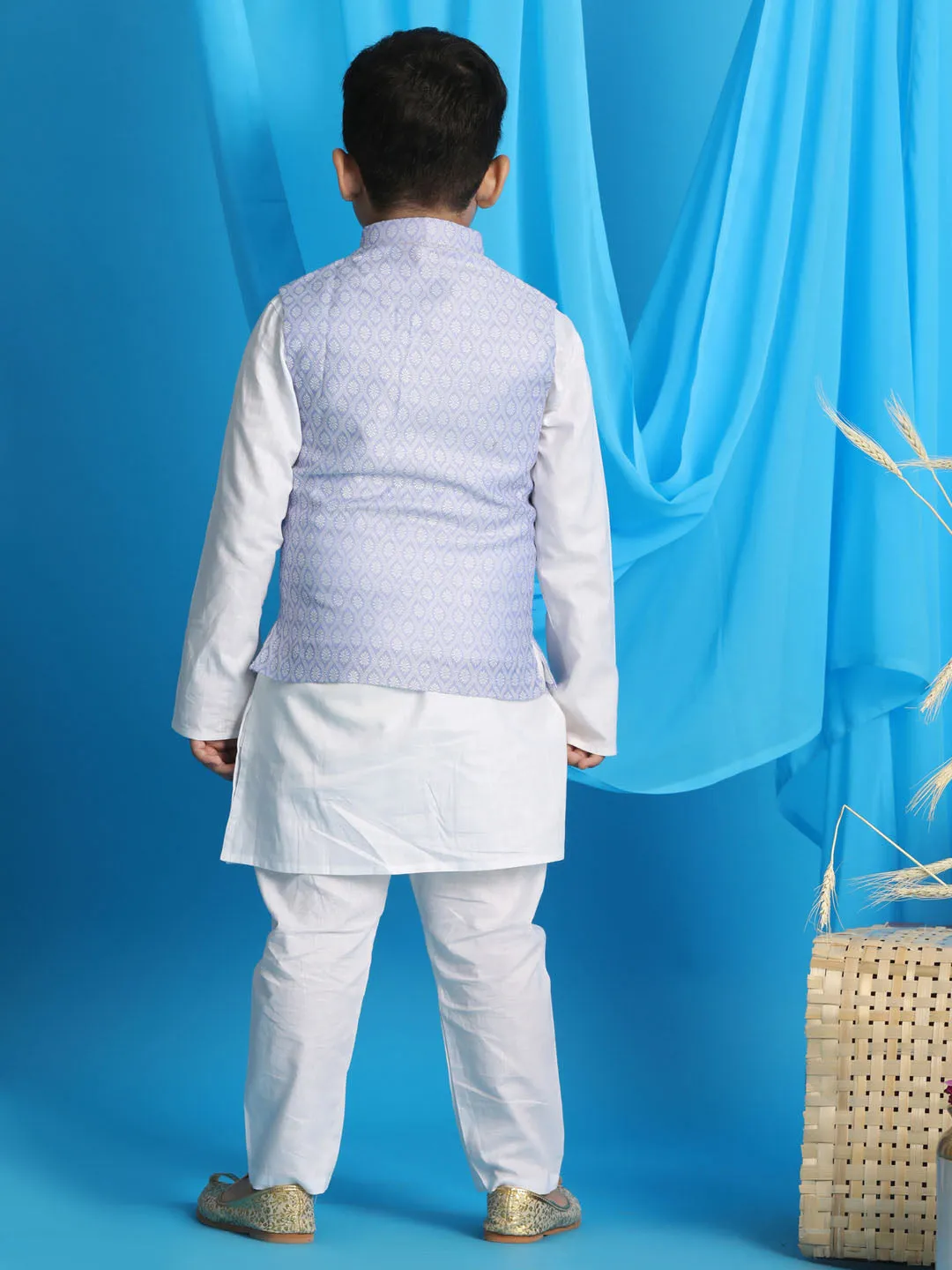 Jashvi Boy's Lavender Woven Jacket With White Kurta and Pyjama Set