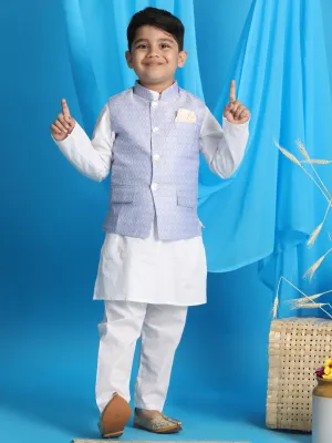 Jashvi Boy's Lavender Woven Jacket With White Kurta and Pyjama Set