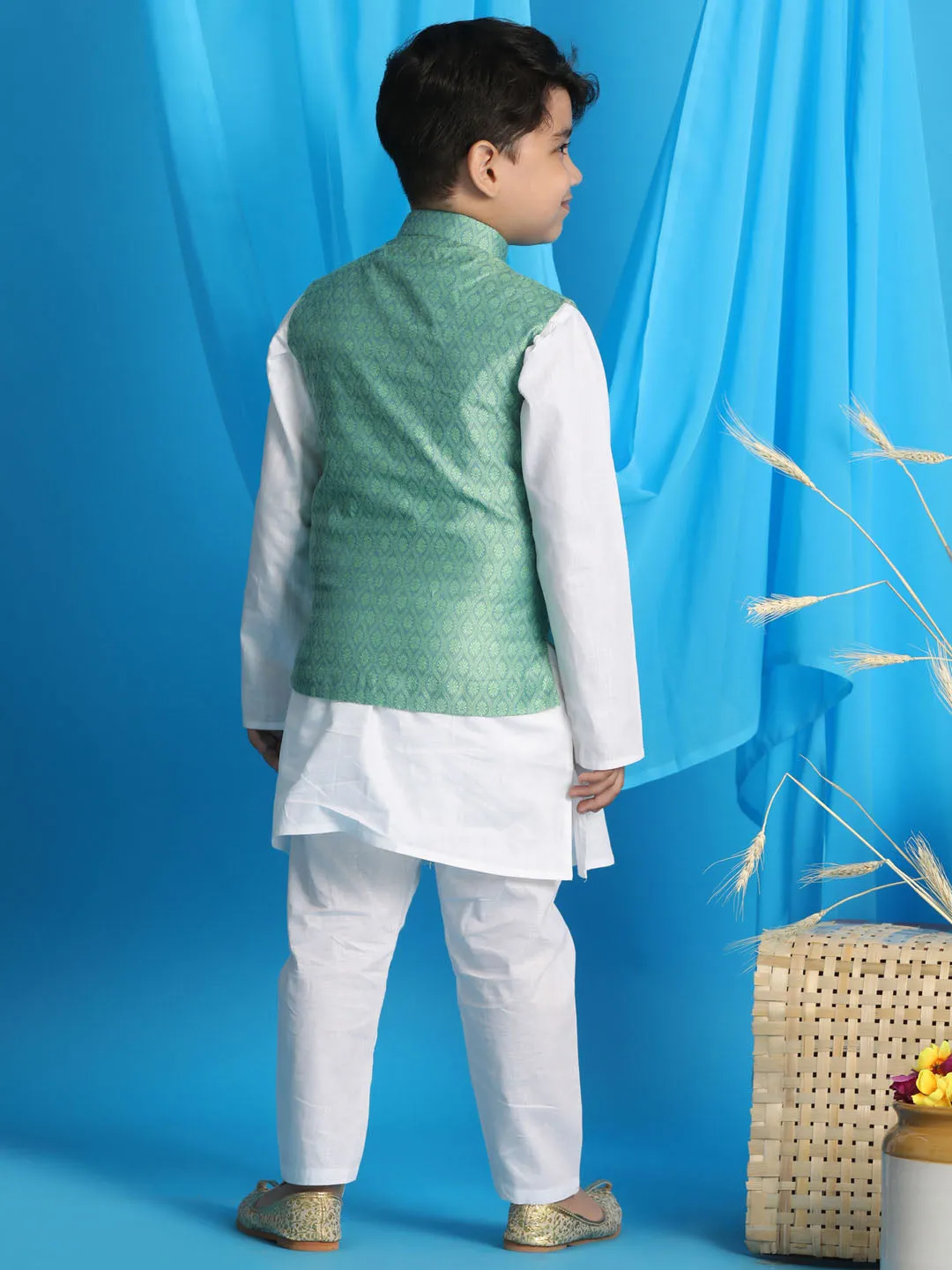 Jashvi Boy's Light Green Woven Jacket With White Kurta and Pyjama Set