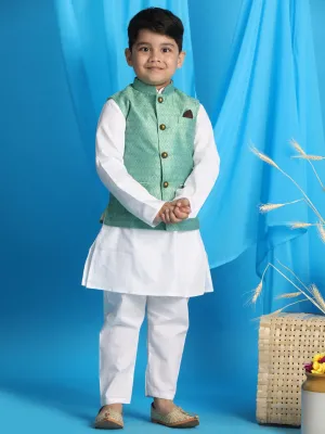 Jashvi Boy's Light Green Woven Jacket With White Kurta and Pyjama Set