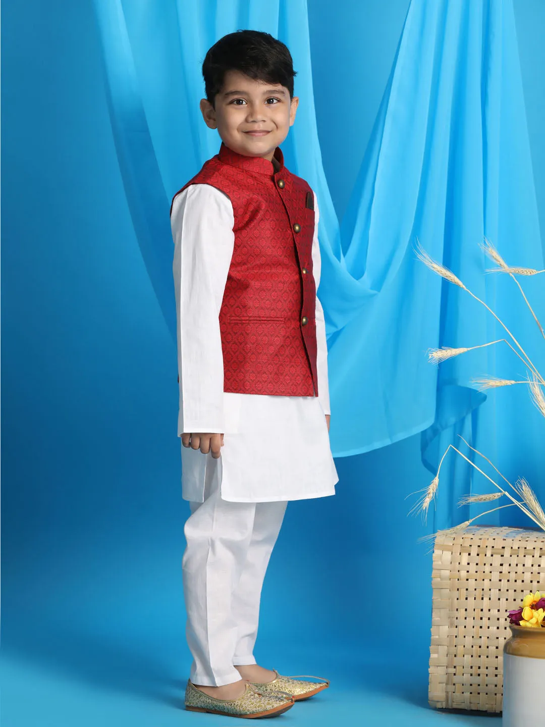 Jashvi Boy's Maroon Woven Jacket With White Kurta and Pyjama Set