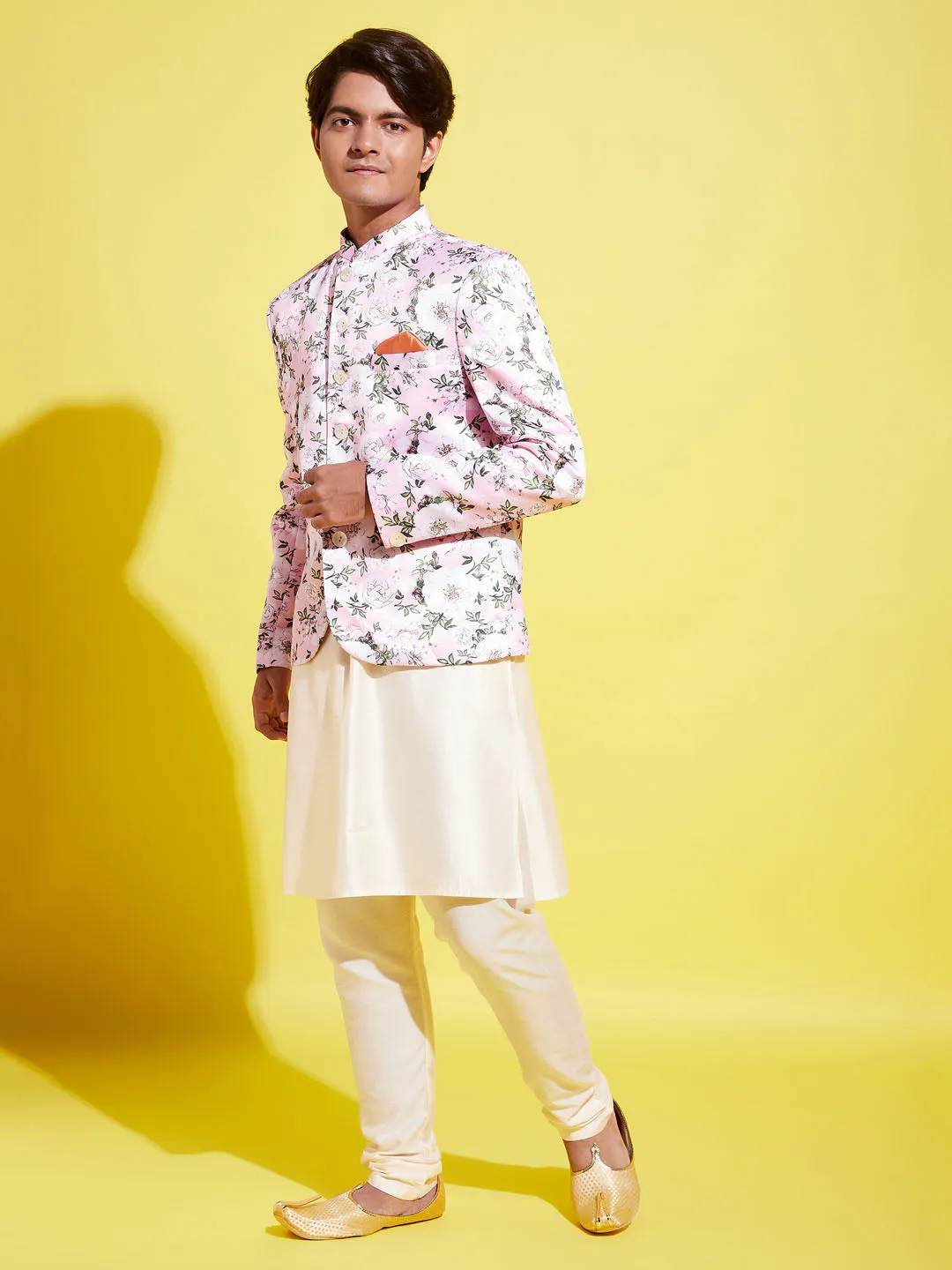 Jashvi Floral Printed Pink Bandhgala Prince Coat Jodhpuri With Cream Kurta Pyjama Set