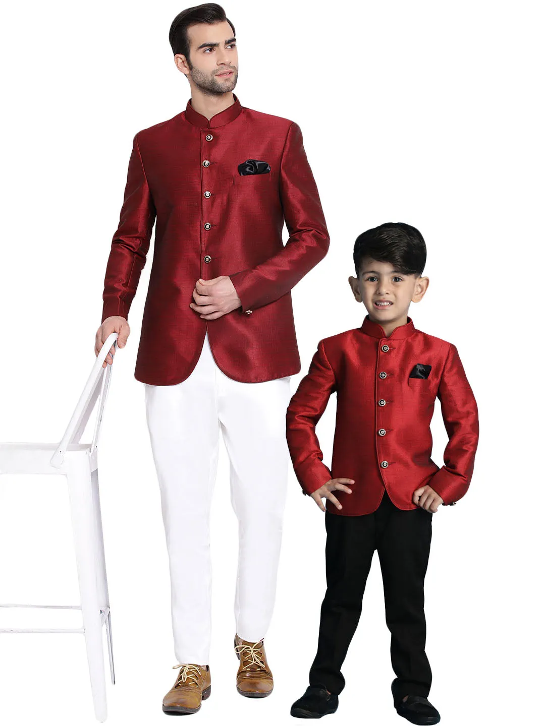 Jashvi Maroon Silk Blend Jodhpuri Baap Beta Set