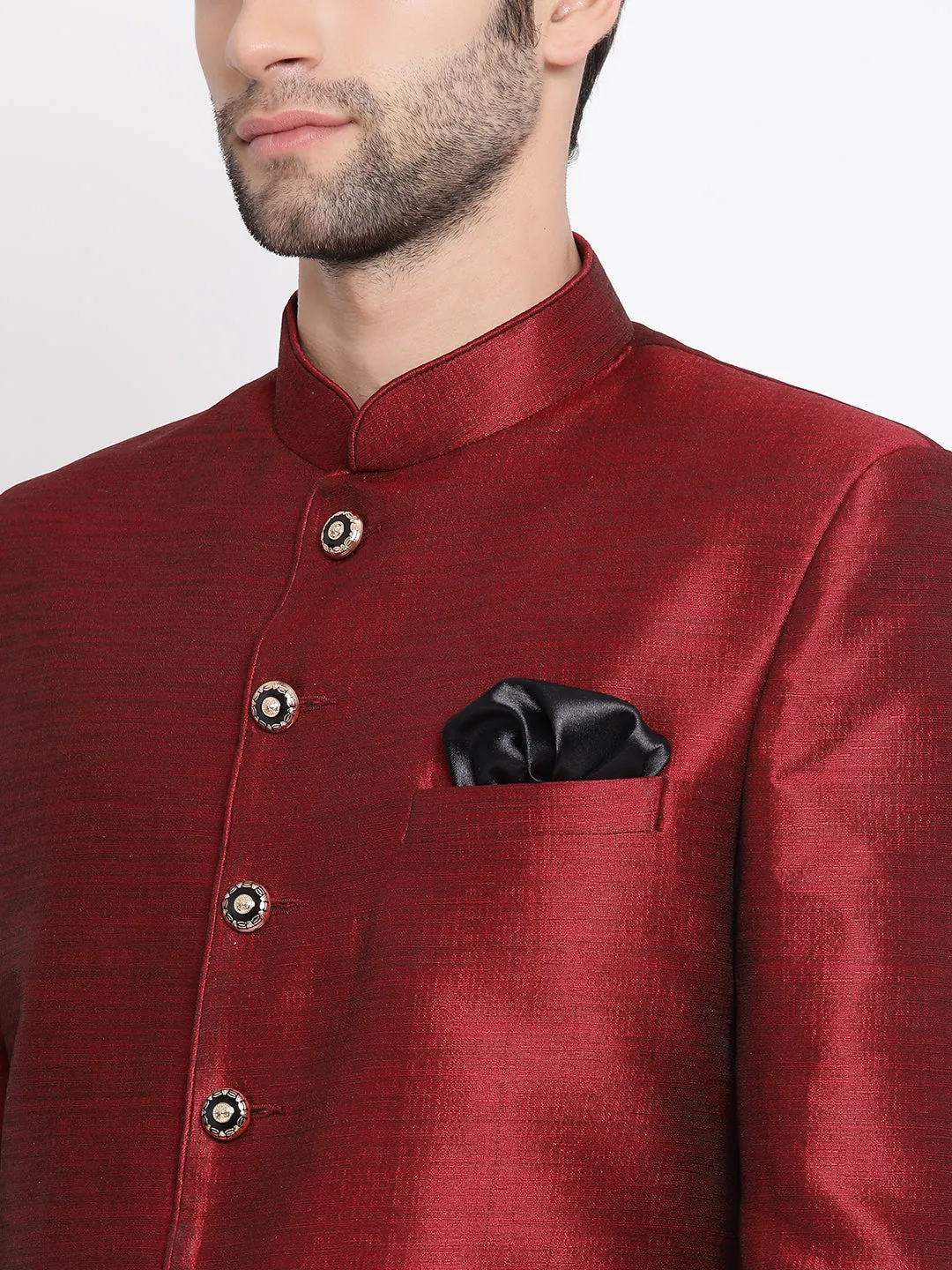 Jashvi Maroon Silk Blend Jodhpuri Baap Beta Set