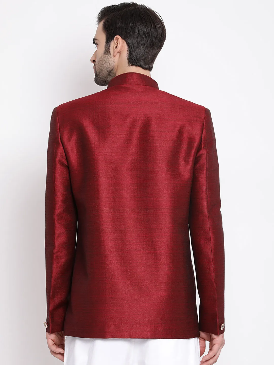 Jashvi Maroon Silk Blend Jodhpuri Baap Beta Set