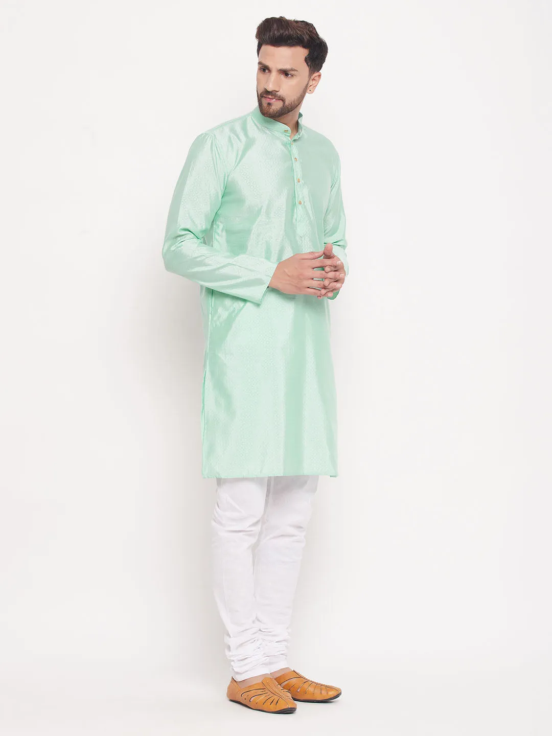 Jashvi Men's Aqua Blue Square Woven Design Silk Blend Kurta With White Pyjama Set