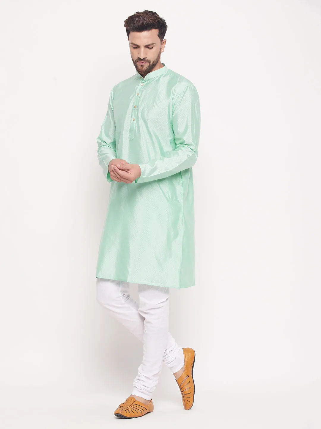 Jashvi Men's Aqua Blue Square Woven Design Silk Blend Kurta With White Pyjama Set