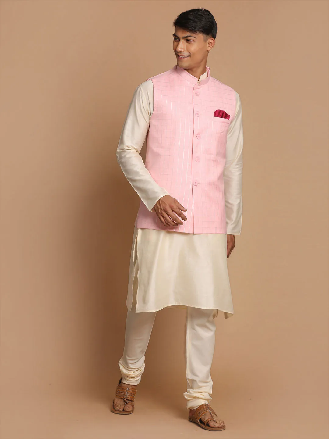 Jashvi Men's Cream Cotton Kurta, Checkered Royal Linen Nehru Jacket and Pyjama Set