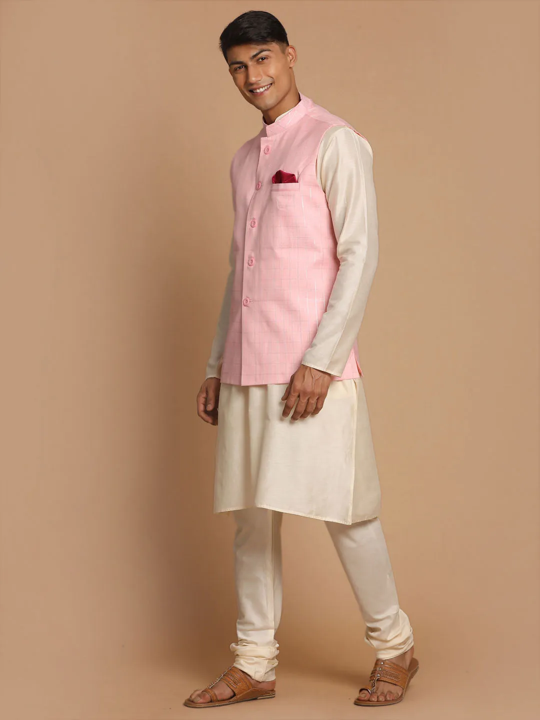 Jashvi Men's Cream Cotton Kurta, Checkered Royal Linen Nehru Jacket and Pyjama Set