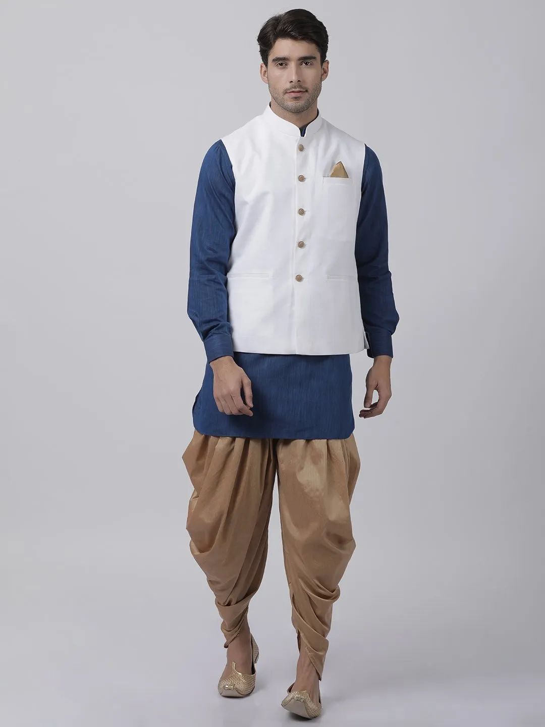 Jashvi Men's Dark Blue Cotton Blend Kurta, White Ethnic Jacket and Dhoti Pant Set