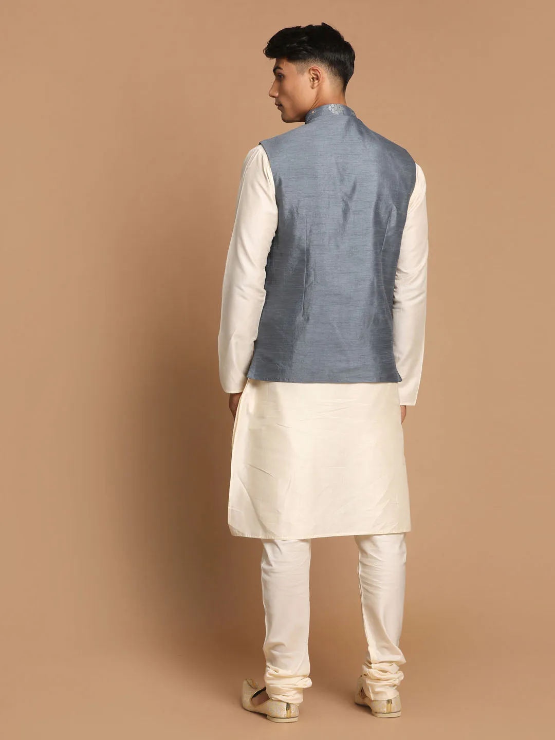 Jashvi Men's Grey Mirror-Work Silk Blend Nehru Jacket With Solid Kurta & Pyjama Set