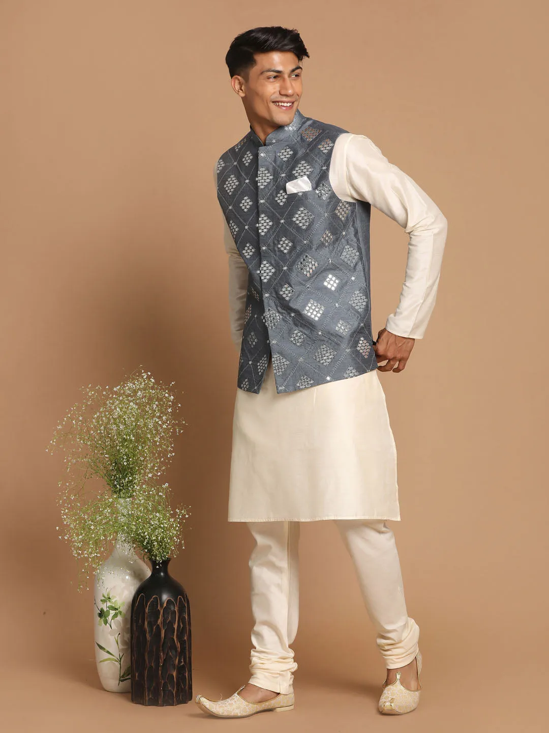 Jashvi Men's Grey Mirror-Work Silk Blend Nehru Jacket With Solid Kurta & Pyjama Set