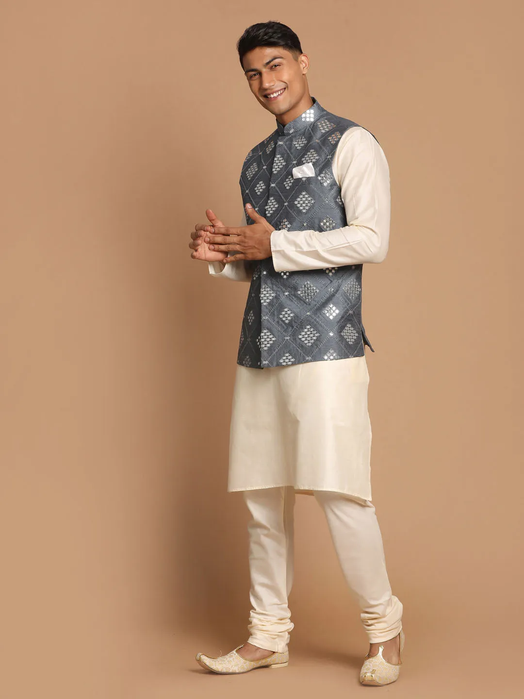 Jashvi Men's Grey Mirror-Work Silk Blend Nehru Jacket With Solid Kurta & Pyjama Set