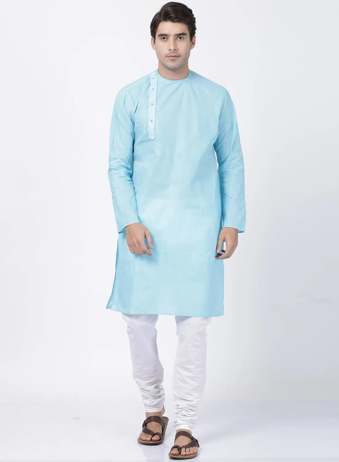 Jashvi Men's Light Blue Cotton Blend Kurta and Pyjama Set