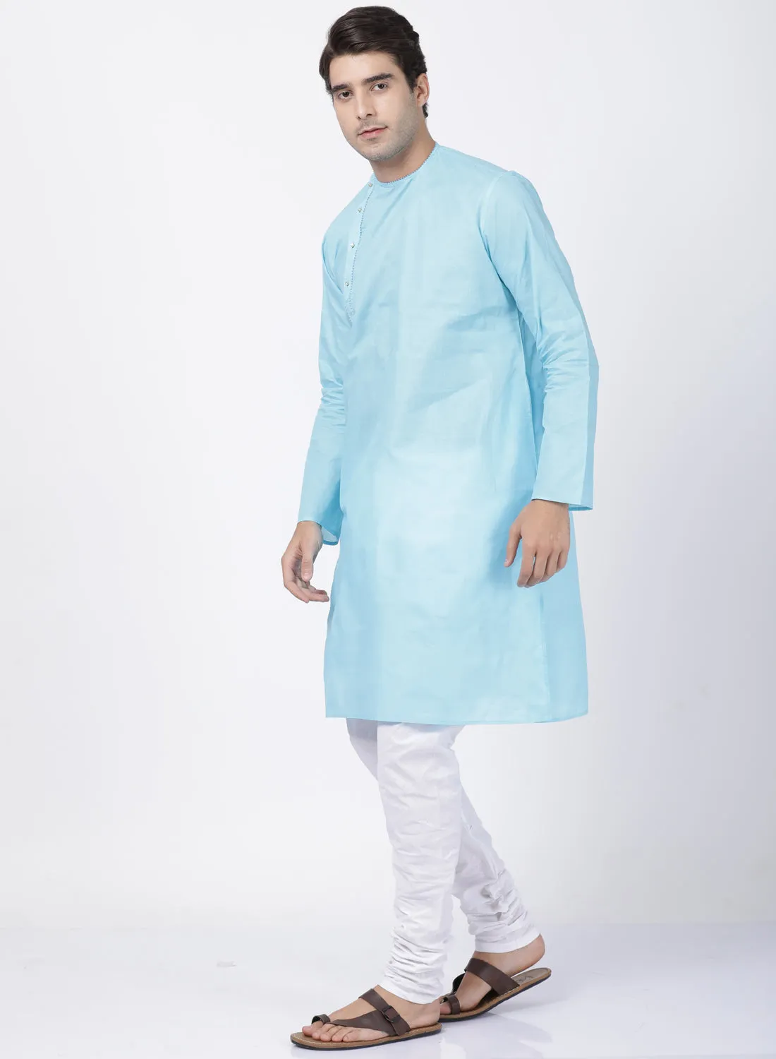 Jashvi Men's Light Blue Cotton Blend Kurta and Pyjama Set