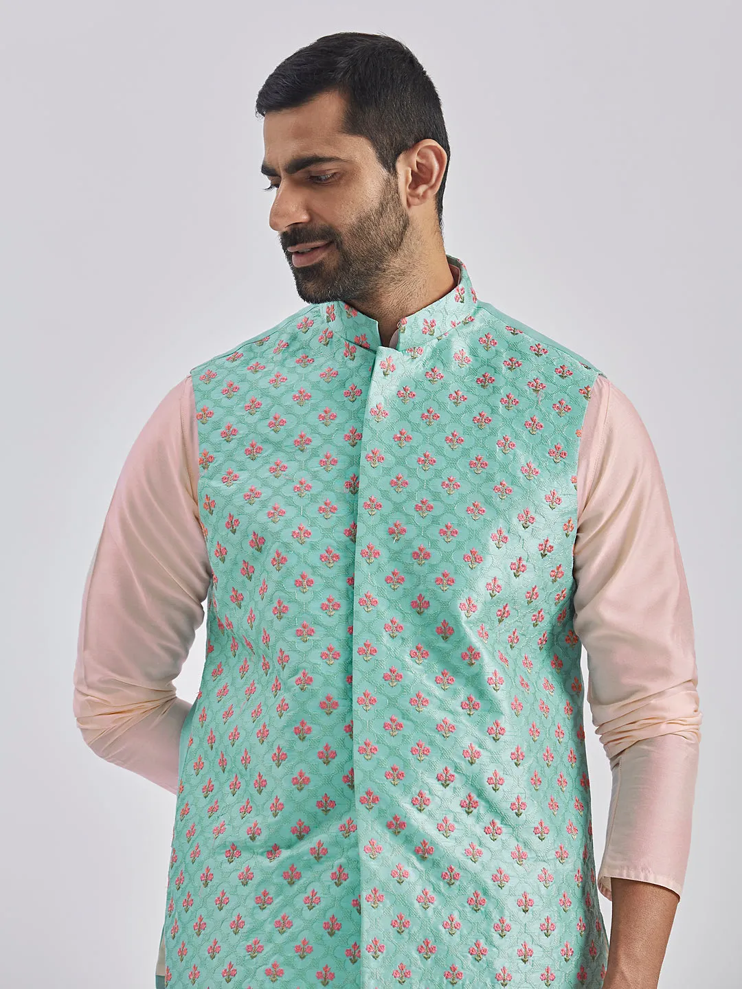 Jashvi Men's Mint Green And Pink Poly viscose Jacket, Kurta and Pyjama Set