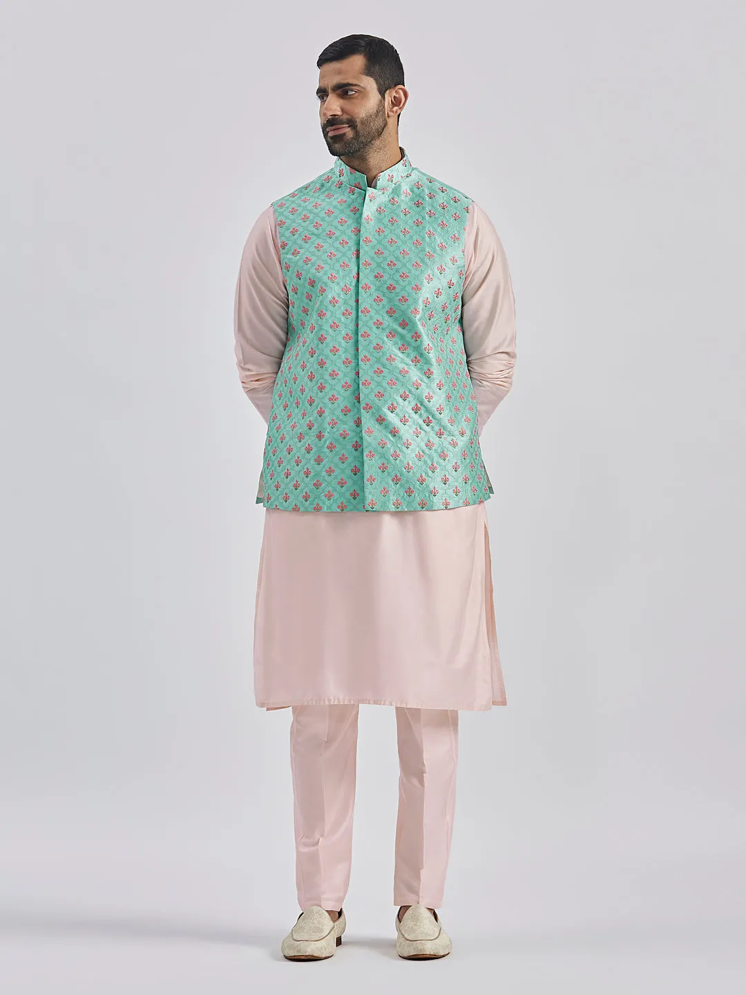 Jashvi Men's Mint Green And Pink Poly viscose Jacket, Kurta and Pyjama Set