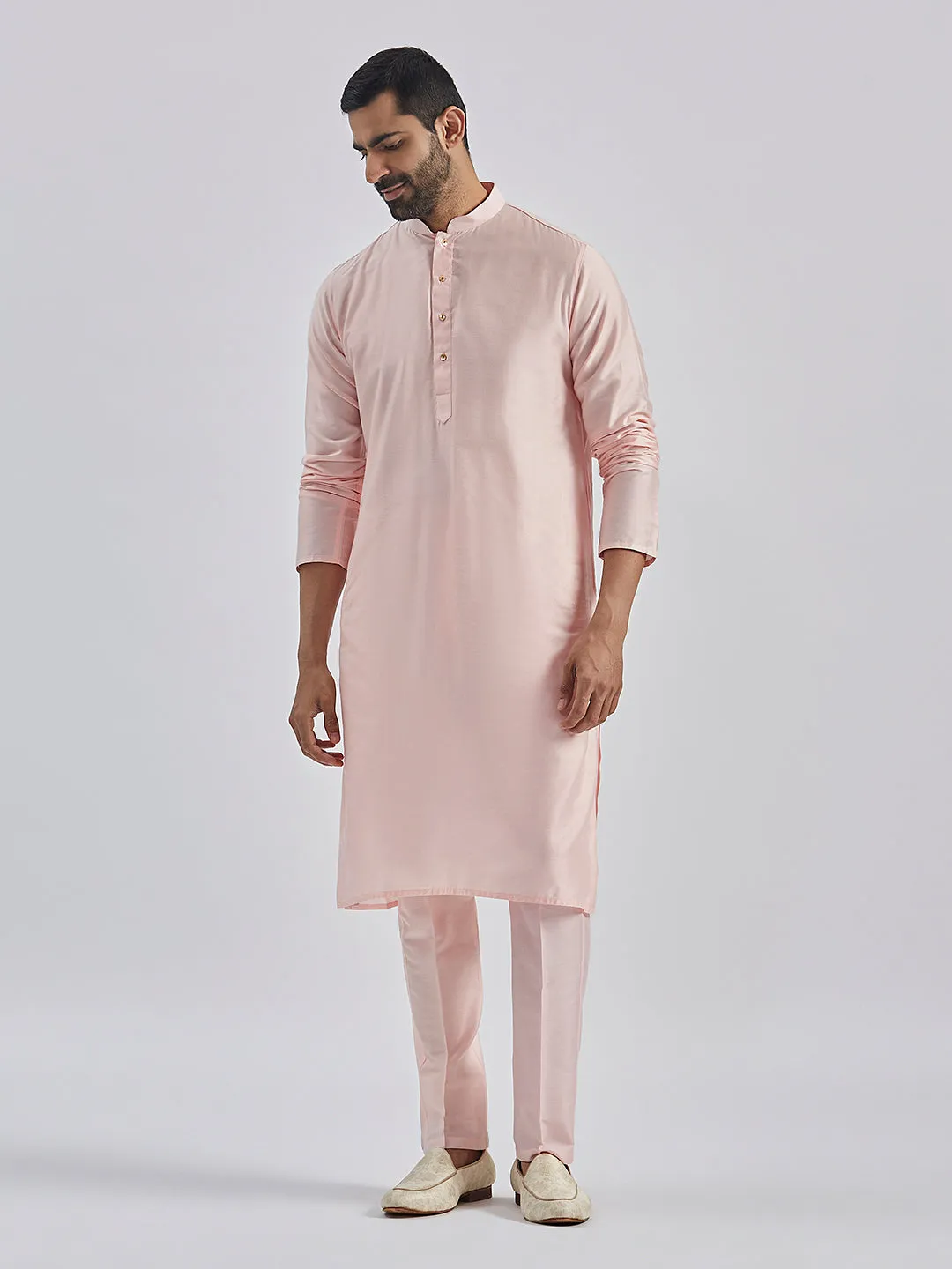 Jashvi Men's Mint Green And Pink Poly viscose Jacket, Kurta and Pyjama Set