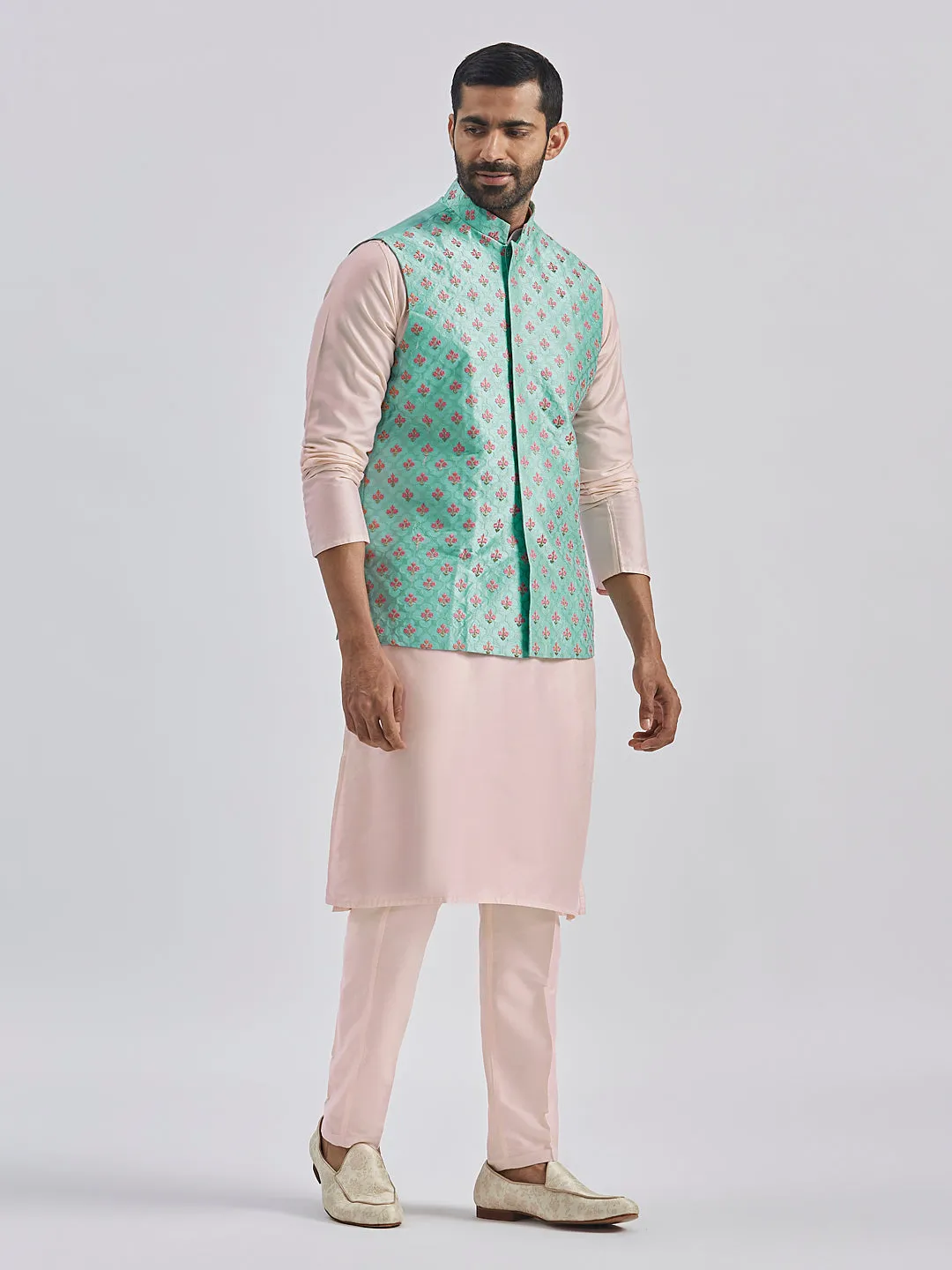 Jashvi Men's Mint Green And Pink Poly viscose Jacket, Kurta and Pyjama Set