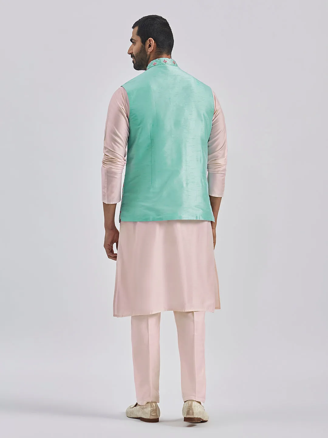 Jashvi Men's Mint Green And Pink Poly viscose Jacket, Kurta and Pyjama Set