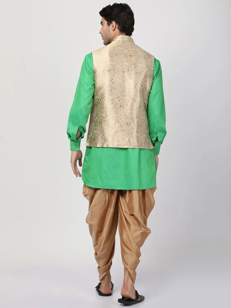 Jashvi Men's Mint Green Cotton Silk Blend Ethnic Jacket, Kurta and Dhoti Pant Set