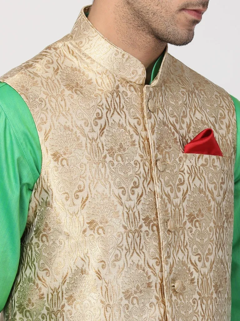 Jashvi Men's Mint Green Cotton Silk Blend Ethnic Jacket, Kurta and Dhoti Pant Set