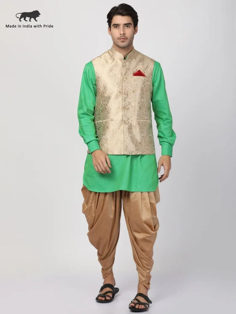 Jashvi Men's Mint Green Cotton Silk Blend Ethnic Jacket, Kurta and Dhoti Pant Set