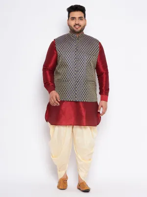 Jashvi Men's Plus Size Navy Blue Woven Jacket With Maroon Kurta And Gold Dhoti Set