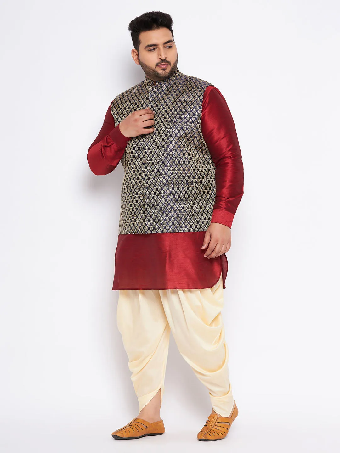 Jashvi Men's Plus Size Navy Blue Woven Jacket With Maroon Kurta And Gold Dhoti Set