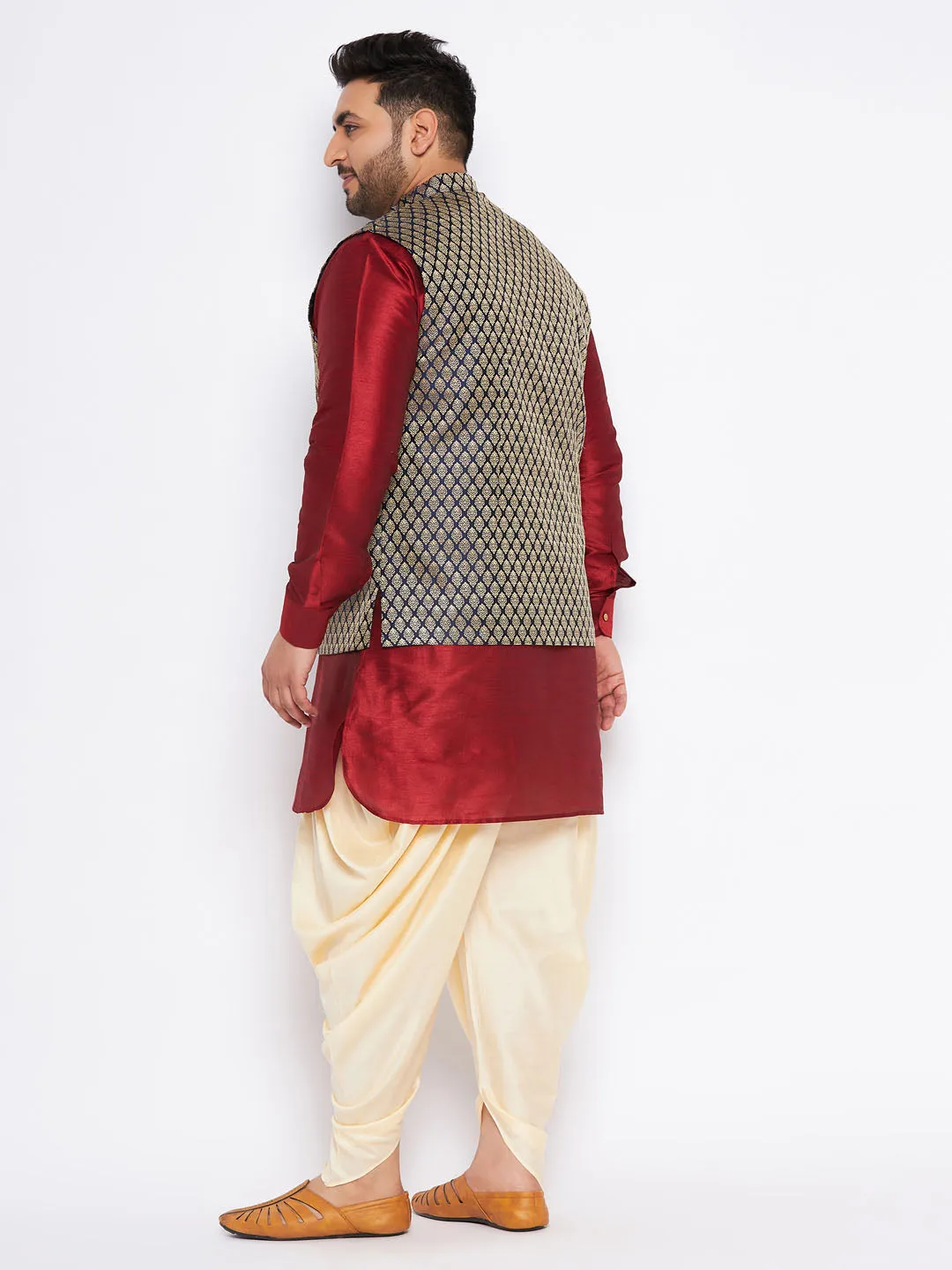 Jashvi Men's Plus Size Navy Blue Woven Jacket With Maroon Kurta And Gold Dhoti Set