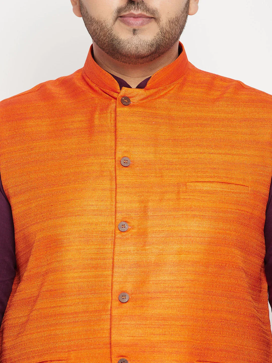 Jashvi Men's Plus Size Purple and Orange Cotton Blend Jacket Kurta Pyjama Set