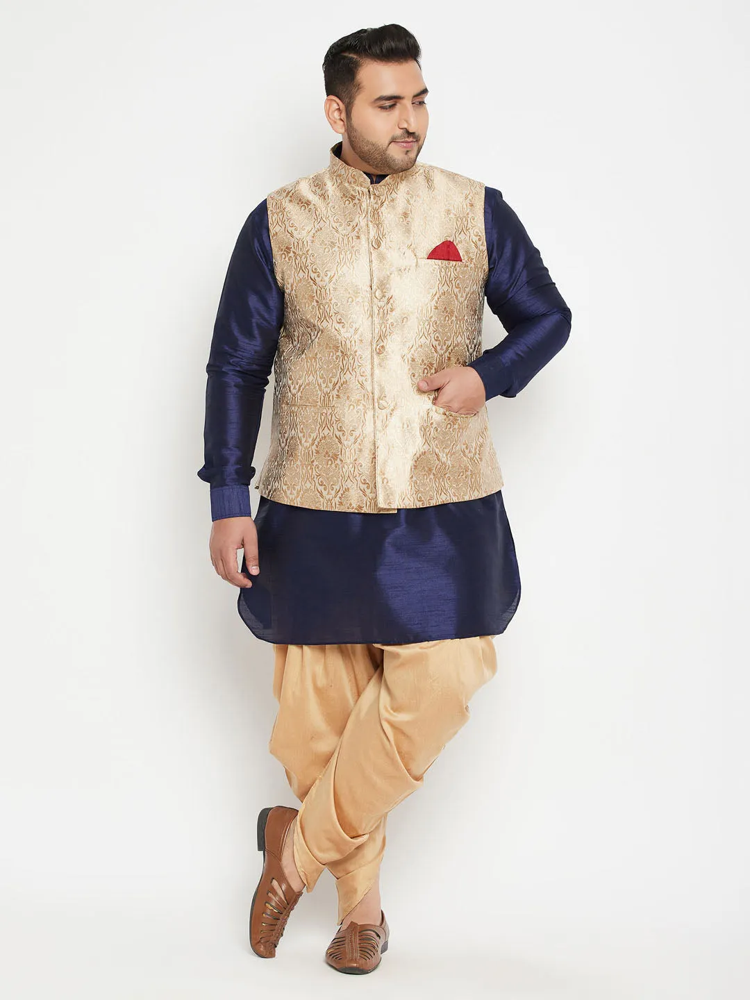 Jashvi Men's Plus Size Rose Gold and Navy Blue Silk Blend Jacket Kurta Dhoti Pant Set