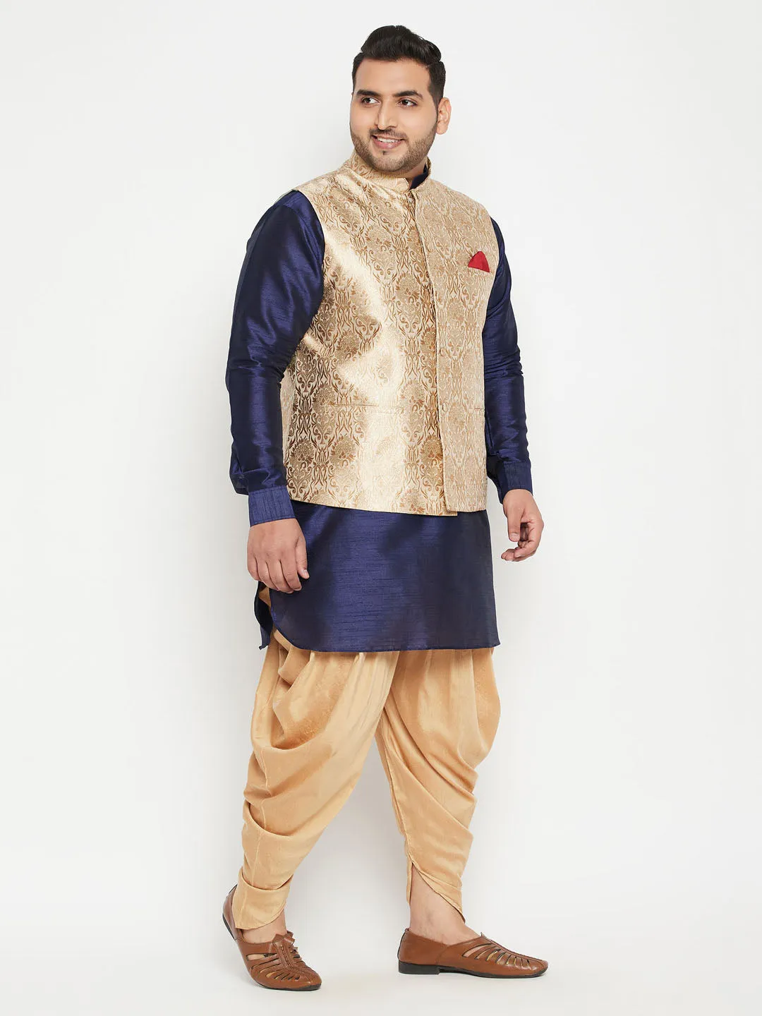 Jashvi Men's Plus Size Rose Gold and Navy Blue Silk Blend Jacket Kurta Dhoti Pant Set