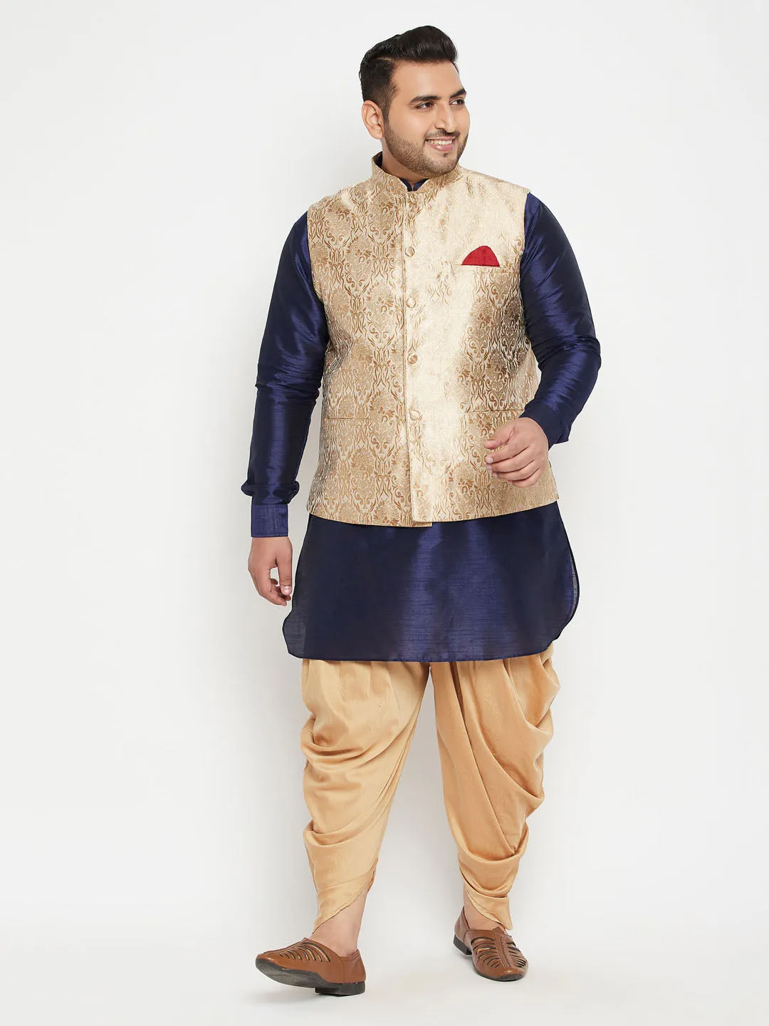 Jashvi Men's Plus Size Rose Gold and Navy Blue Silk Blend Jacket Kurta Dhoti Pant Set