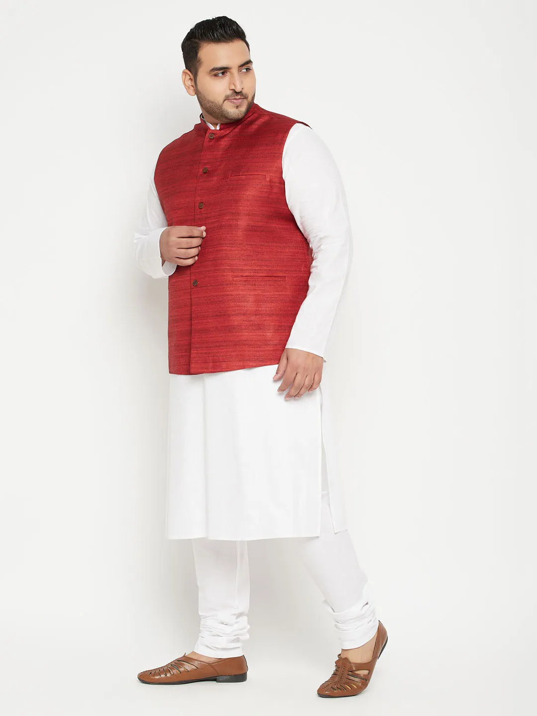 Jashvi Men's Plus Size White and Maroon Cotton Blend Jacket Kurta Pyjama Set