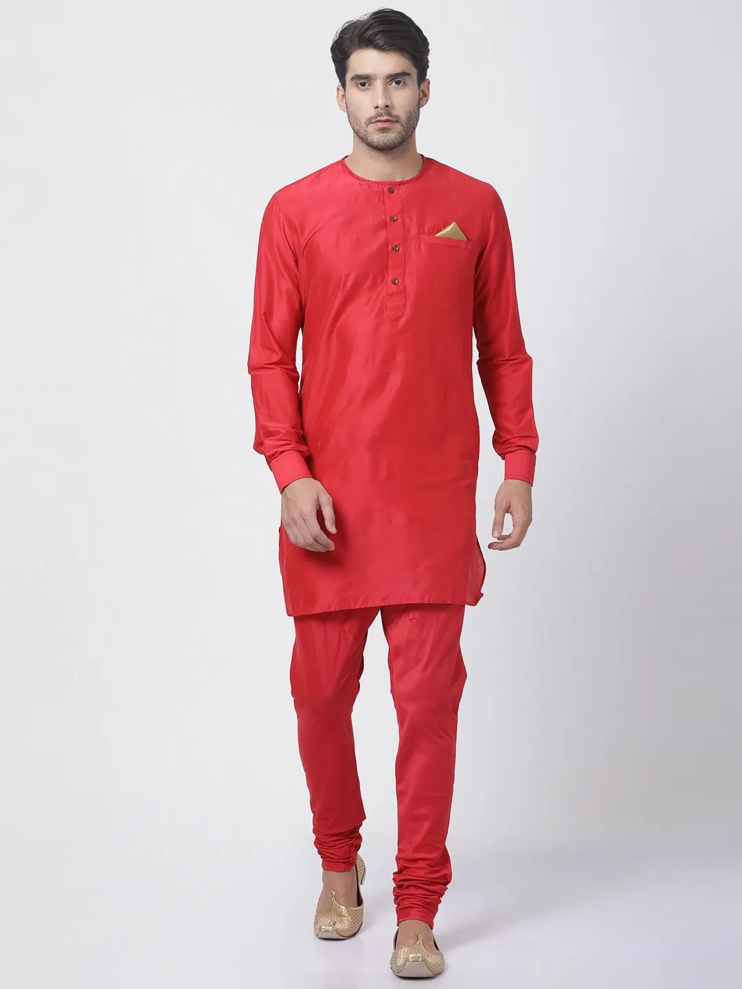 Jashvi Men's Red Cotton Blend Kurta and Churidar Set