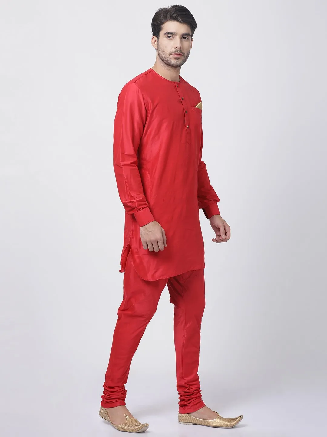 Jashvi Men's Red Cotton Blend Kurta and Churidar Set