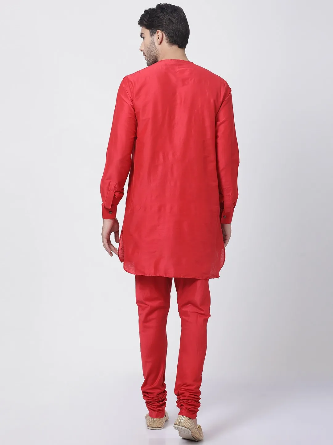 Jashvi Men's Red Cotton Blend Kurta and Churidar Set