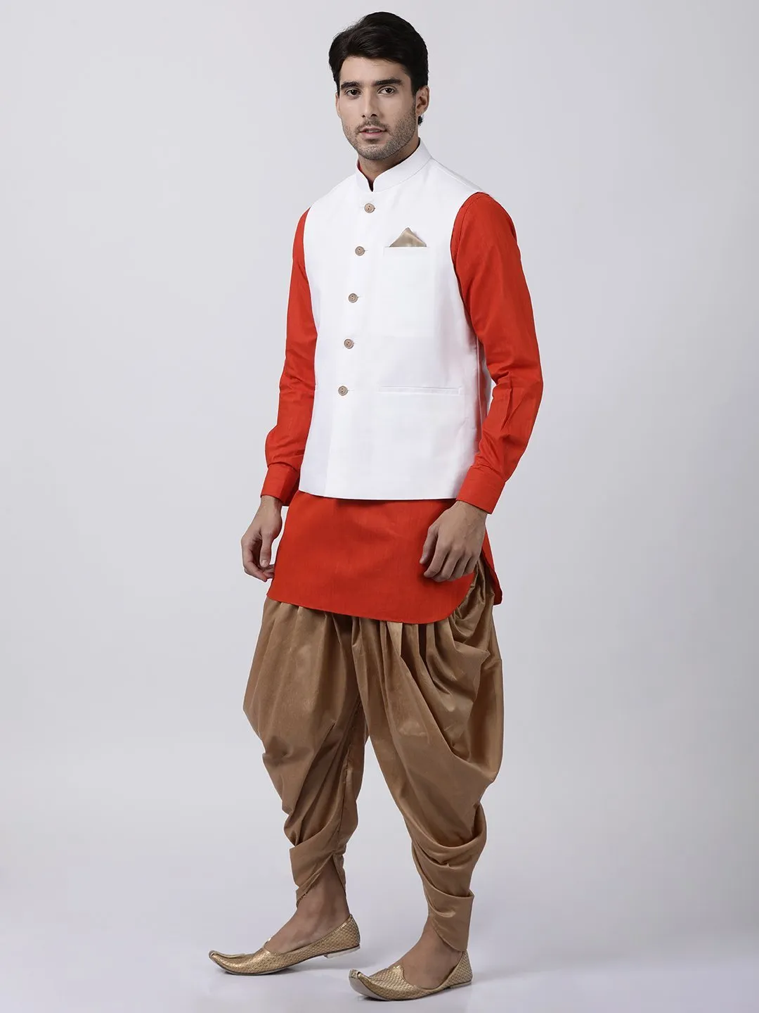 Jashvi Men's Red Cotton Blend Kurta, White Ethnic Jacket and Dhoti Pant Set