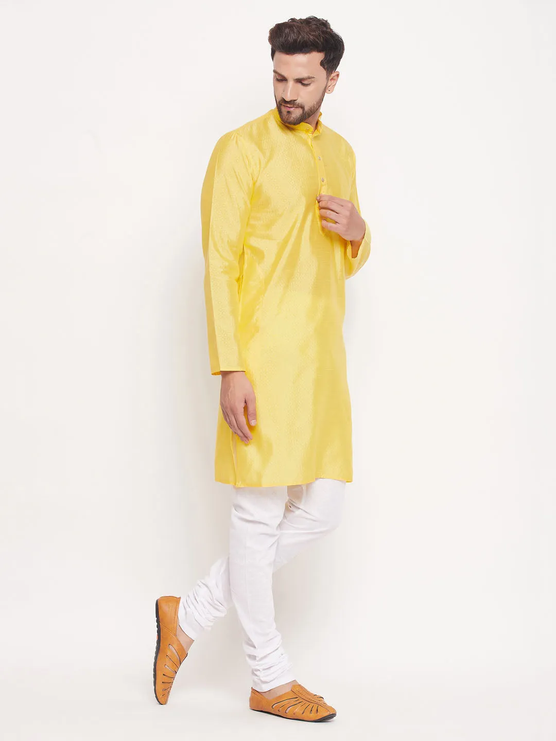 Jashvi Men's Yellow Square Woven Silk Blend Kurta With White Pyjama Set