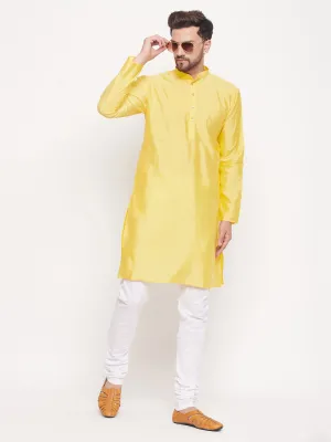 Jashvi Men's Yellow Square Woven Silk Blend Kurta With White Pyjama Set